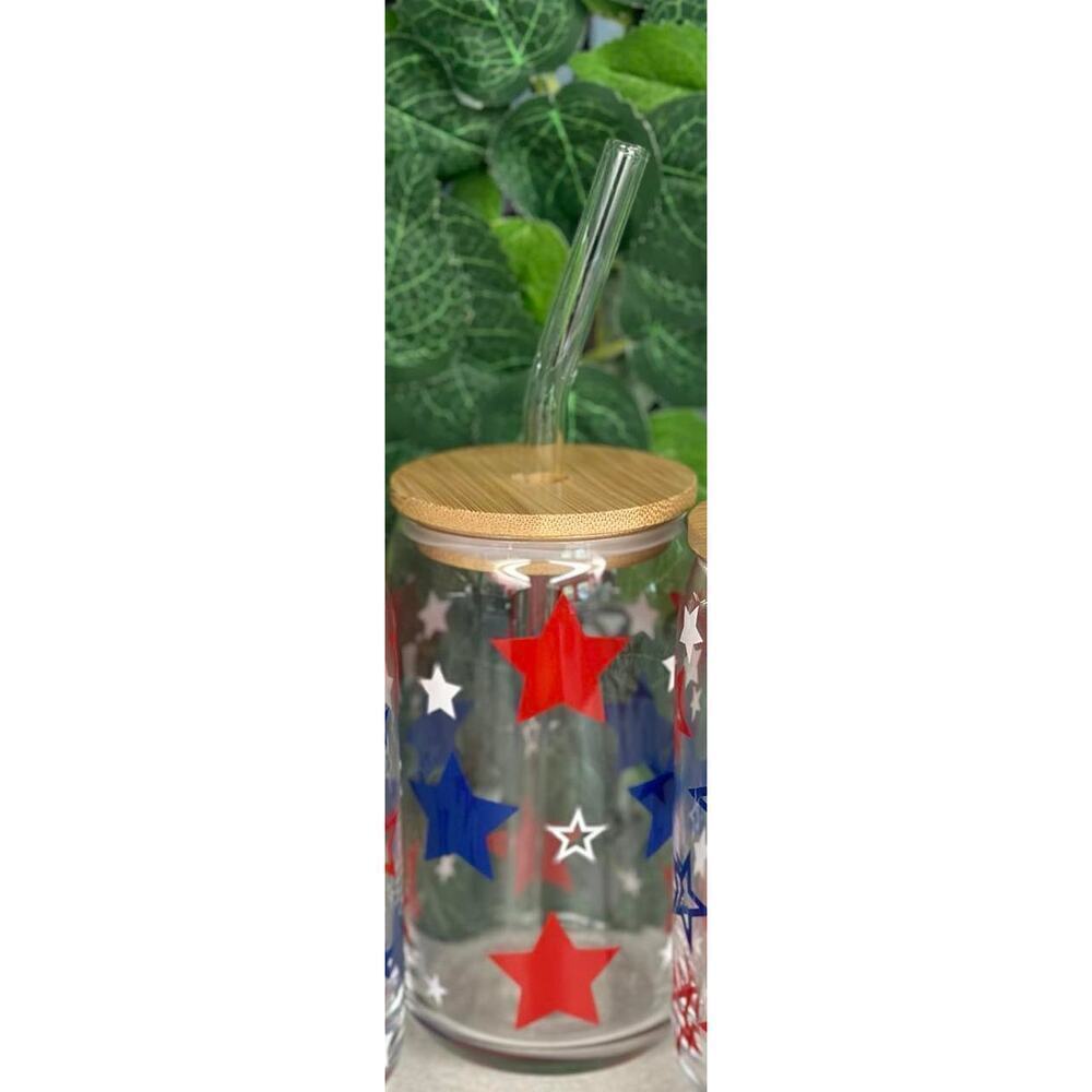 4th of July Glass Cans Glass Can with Bamboo Lid and Glass Straw